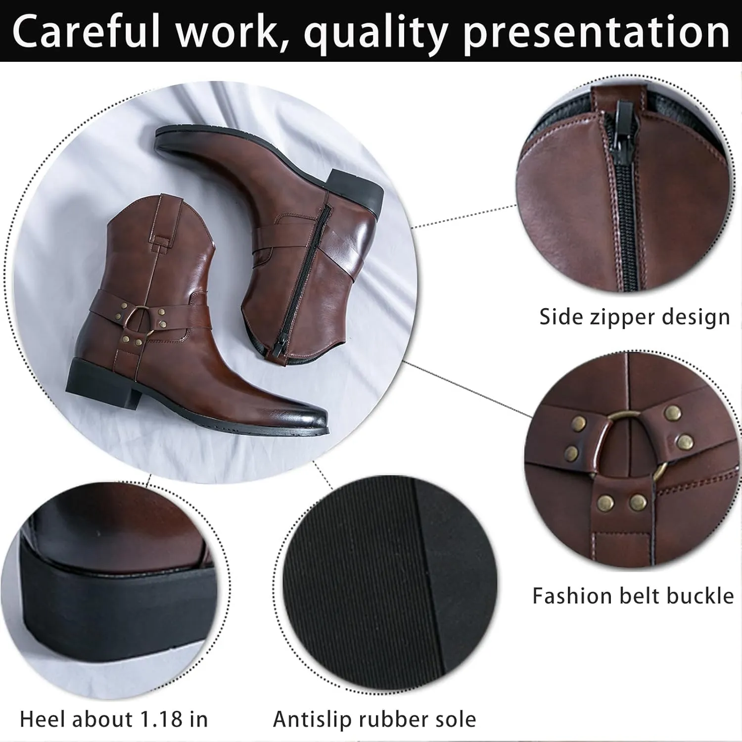 Men's Western Cowboy Boots - Fashion Pointed Toe Chunky Low Heel Belt Buckle Side Zipper Ankle Retro Classic Anti-Slip Short Boots