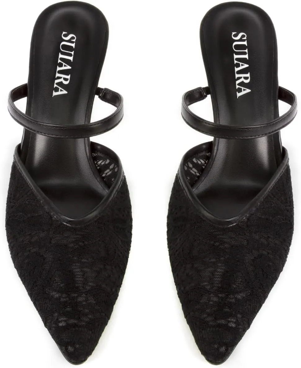 Mesh Kitten Heels for Women Pointed Closed Toe Mule Heeled Sandals Sexy Slip On Dress Pumps