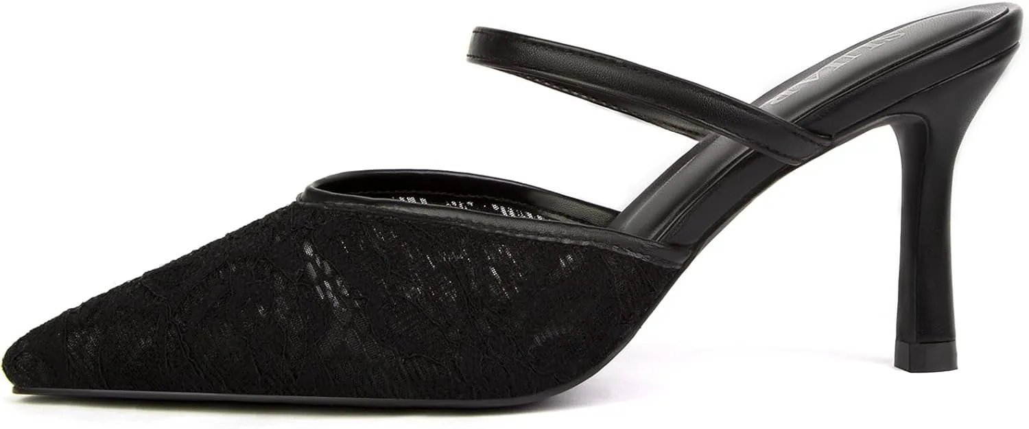 Mesh Kitten Heels for Women Pointed Closed Toe Mule Heeled Sandals Sexy Slip On Dress Pumps