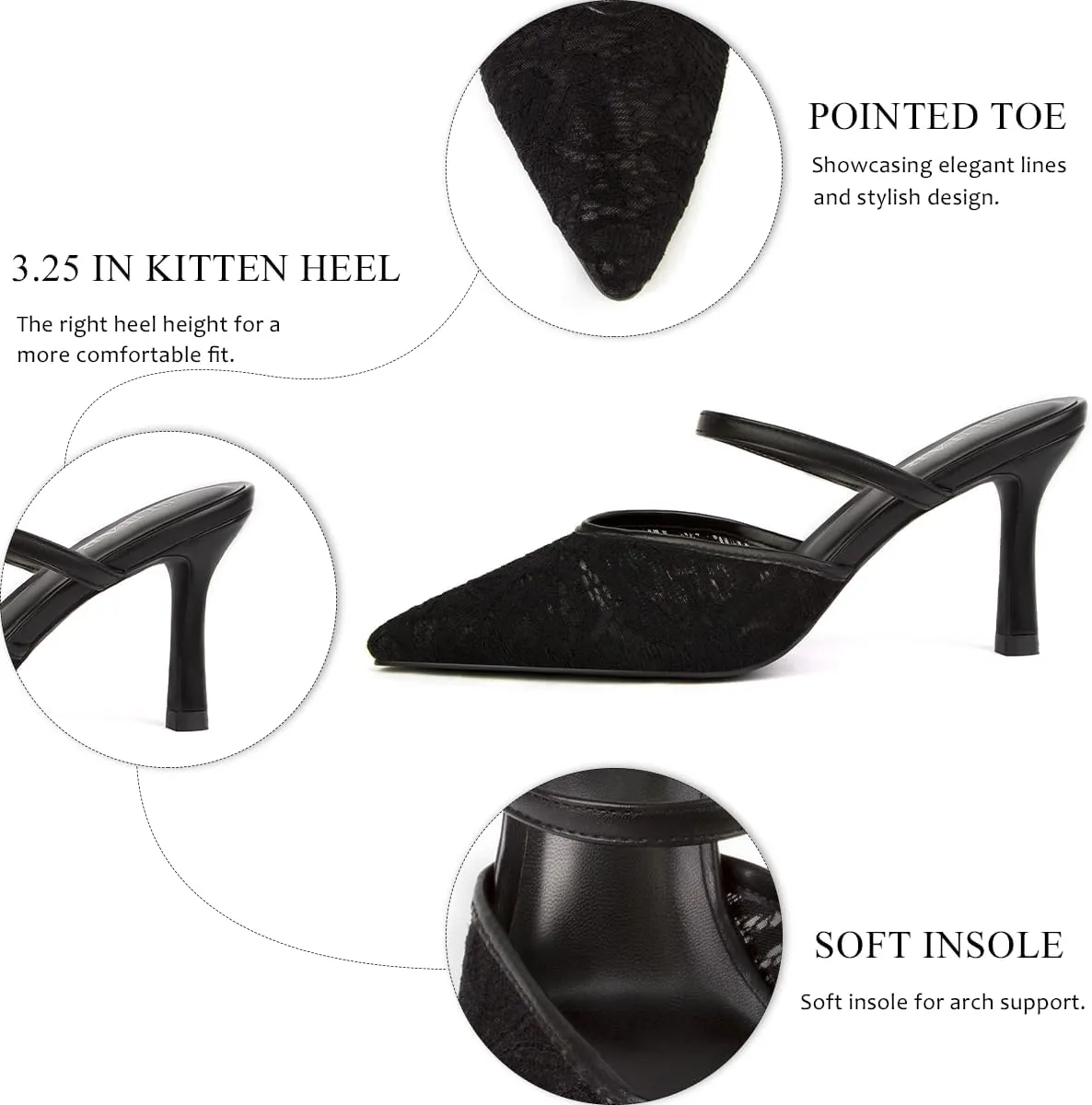 Mesh Kitten Heels for Women Pointed Closed Toe Mule Heeled Sandals Sexy Slip On Dress Pumps