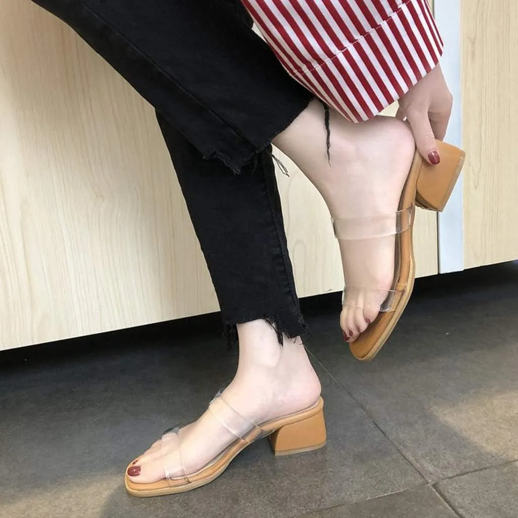 MIOKE Women's Clear Low Block Heel Slide Sandals Transparent Open Toe Comfort Chunky Heeled Mules Sandal
