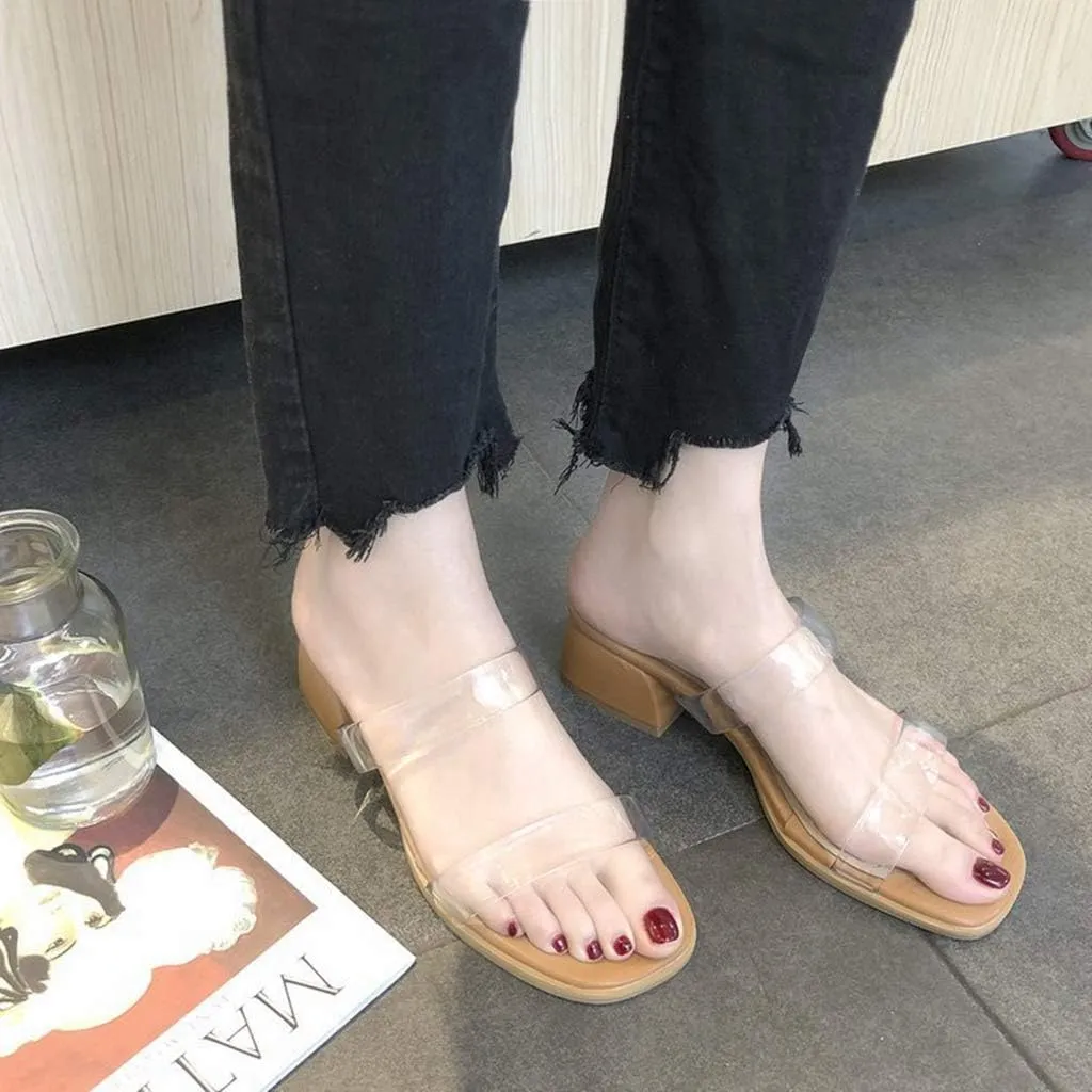 MIOKE Women's Clear Low Block Heel Slide Sandals Transparent Open Toe Comfort Chunky Heeled Mules Sandal