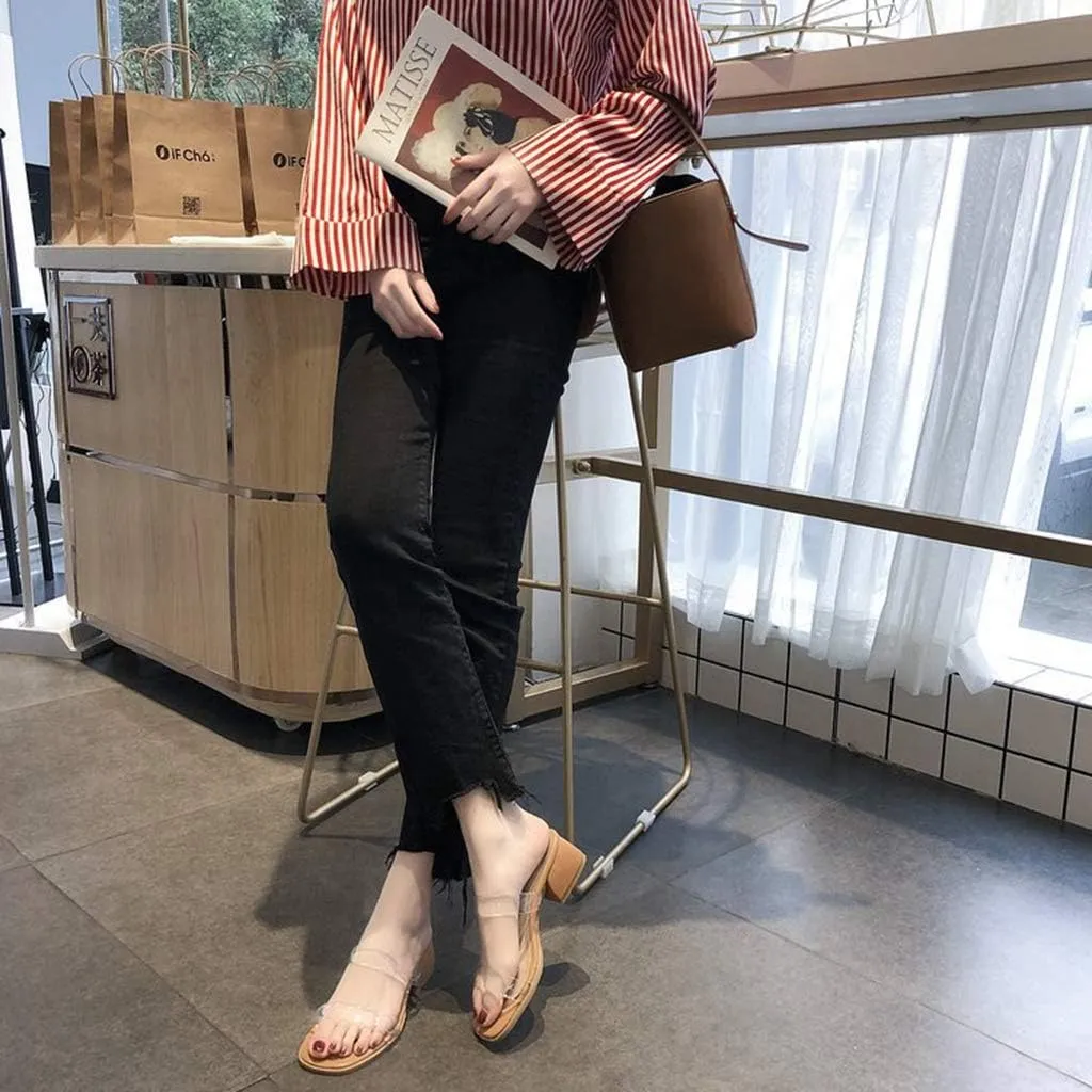 MIOKE Women's Clear Low Block Heel Slide Sandals Transparent Open Toe Comfort Chunky Heeled Mules Sandal