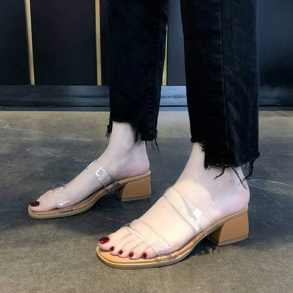 MIOKE Women's Clear Low Block Heel Slide Sandals Transparent Open Toe Comfort Chunky Heeled Mules Sandal