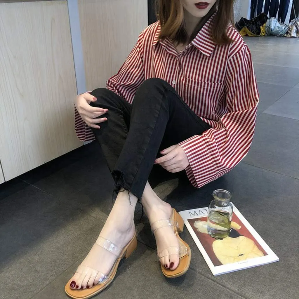 MIOKE Women's Clear Low Block Heel Slide Sandals Transparent Open Toe Comfort Chunky Heeled Mules Sandal