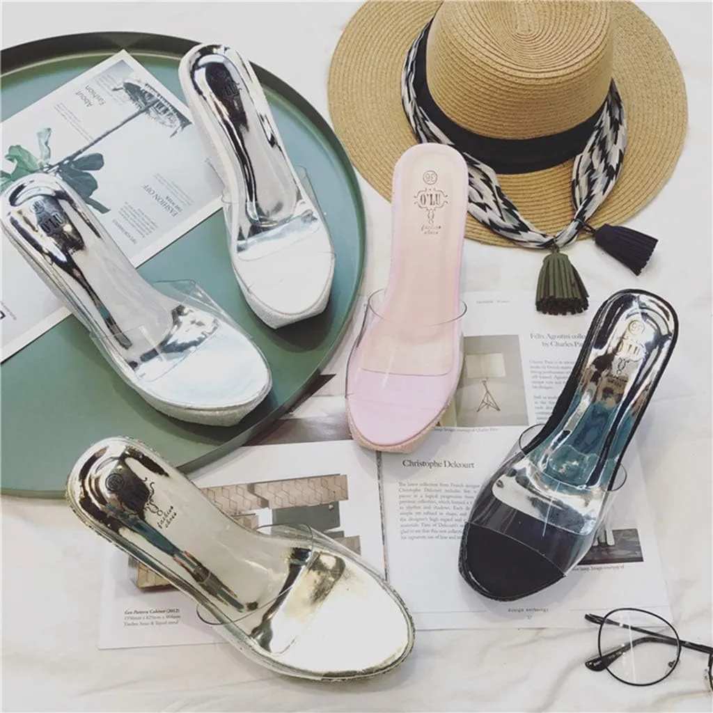 MIOKE Women's Clear Wedge Platform Sandals Glitter Sequins Slip On Open Toe Thick High Heel Slide Sandal