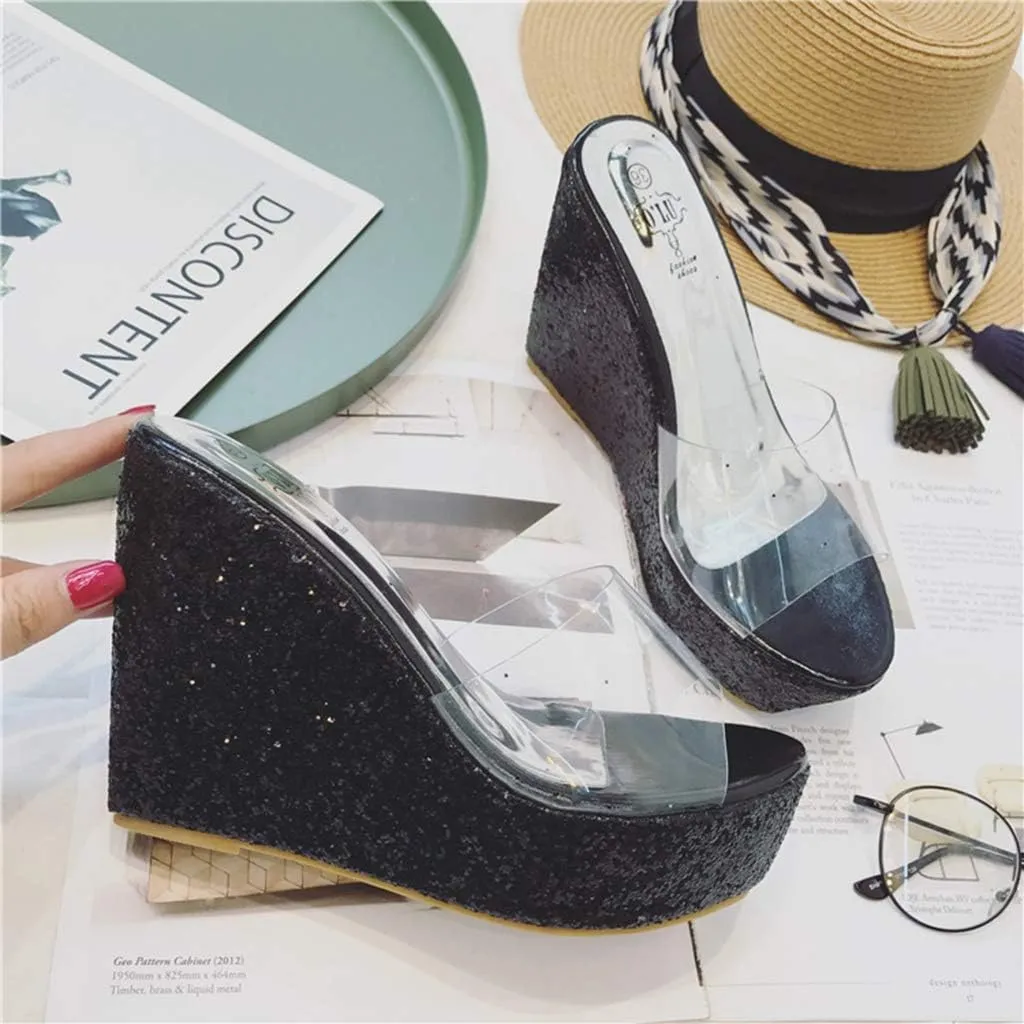 MIOKE Women's Clear Wedge Platform Sandals Glitter Sequins Slip On Open Toe Thick High Heel Slide Sandal