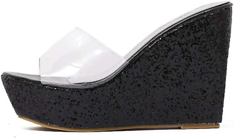 MIOKE Women's Clear Wedge Platform Sandals Glitter Sequins Slip On Open Toe Thick High Heel Slide Sandal