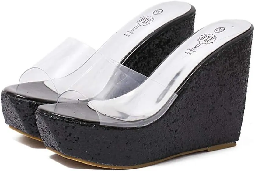 MIOKE Women's Clear Wedge Platform Sandals Glitter Sequins Slip On Open Toe Thick High Heel Slide Sandal