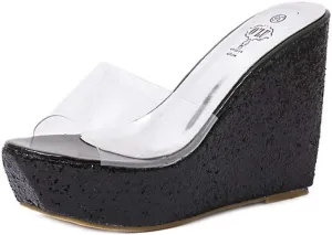 MIOKE Women's Clear Wedge Platform Sandals Glitter Sequins Slip On Open Toe Thick High Heel Slide Sandal