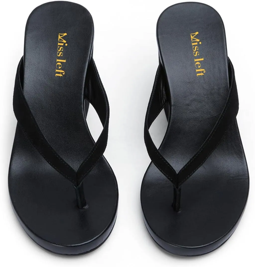 miss left Women Fashion Open Round Toe Flip Flops Wedge High Heel Slip on Mule Comfortable Summer Beach Casual Daily Slippers Size 4-16 US