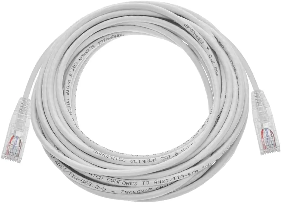 Monoprice Cat6 Ethernet Patch Cable - Snagless, Stranded, 550MHz, UTP, CMR Rated, 28AWG, 30 Feet, White - SlimRun Series