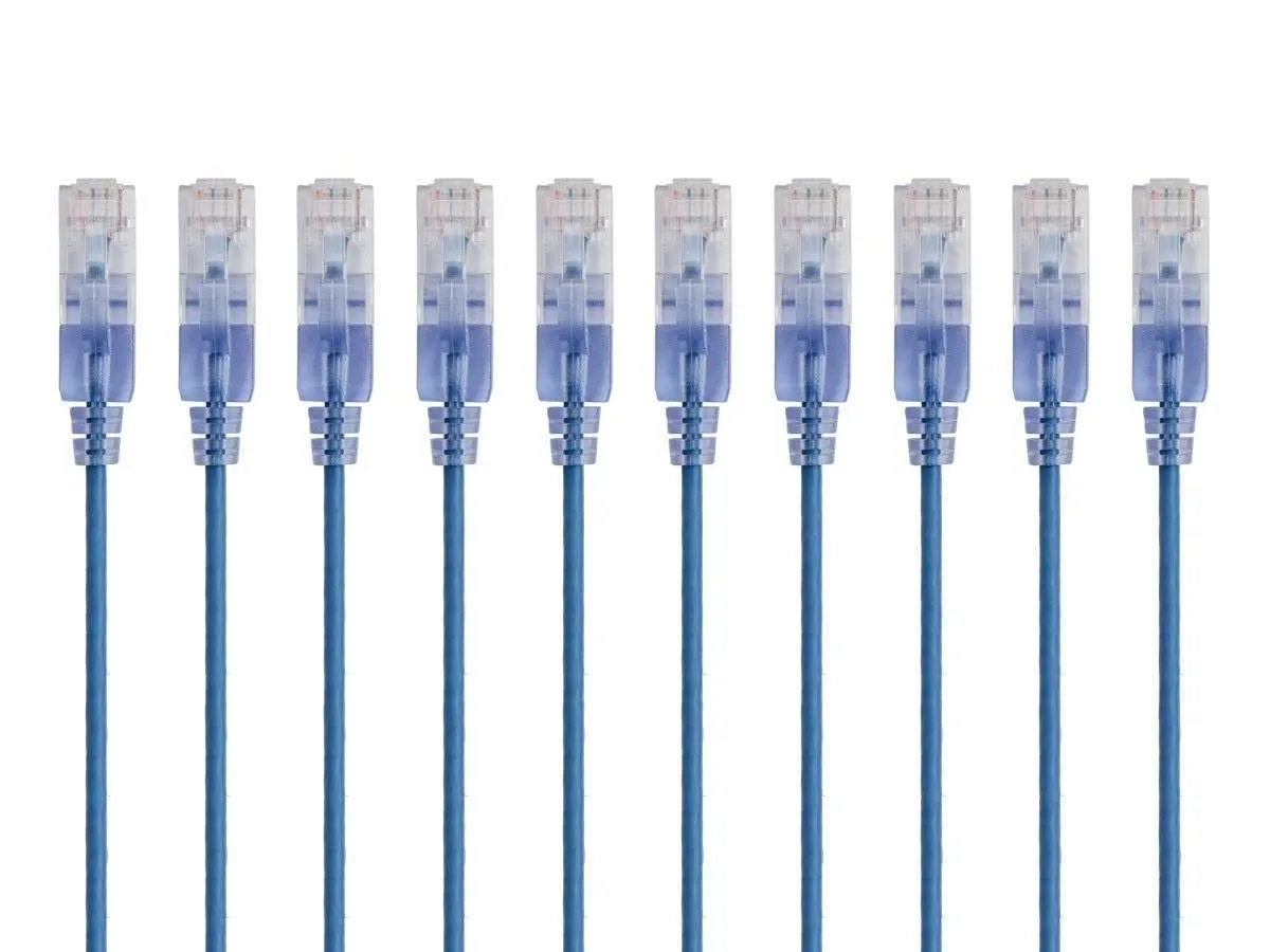 Monoprice Cat6A Ethernet Patch Cable - Snagless RJ45, 550Mhz, 10G, UTP, Pure Bare Copper Wire, 30AWG, 10-Pack, 10 Feet, Blue - SlimRun Series