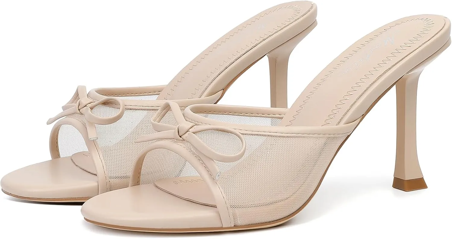 Mostrin Kitten Heels for Women Round Toe Heels With Bow Vintage Mules Sexy Slip on Stiletto Backless Sandals for Party Daily