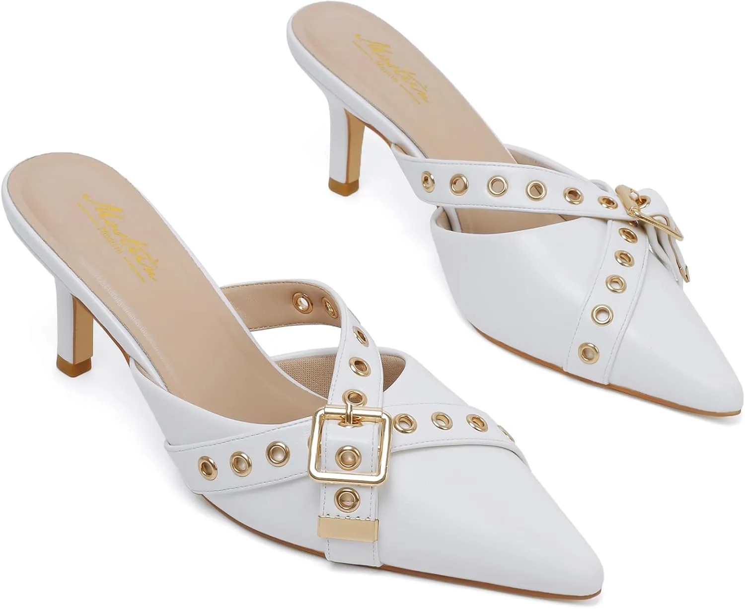 Mostrin Kitten Mules Heels for Women Pointed Closed Toe Heels Vintage Slip on Stiletto Dressy Pumps Shoes