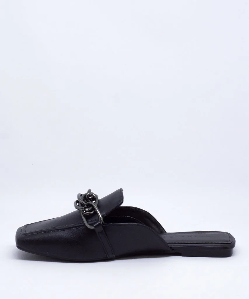 Mule Lia Line Preto Couro Correntes Bico Quadrado - 1994.70124