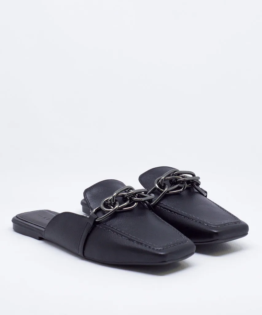 Mule Lia Line Preto Couro Correntes Bico Quadrado - 1994.70124