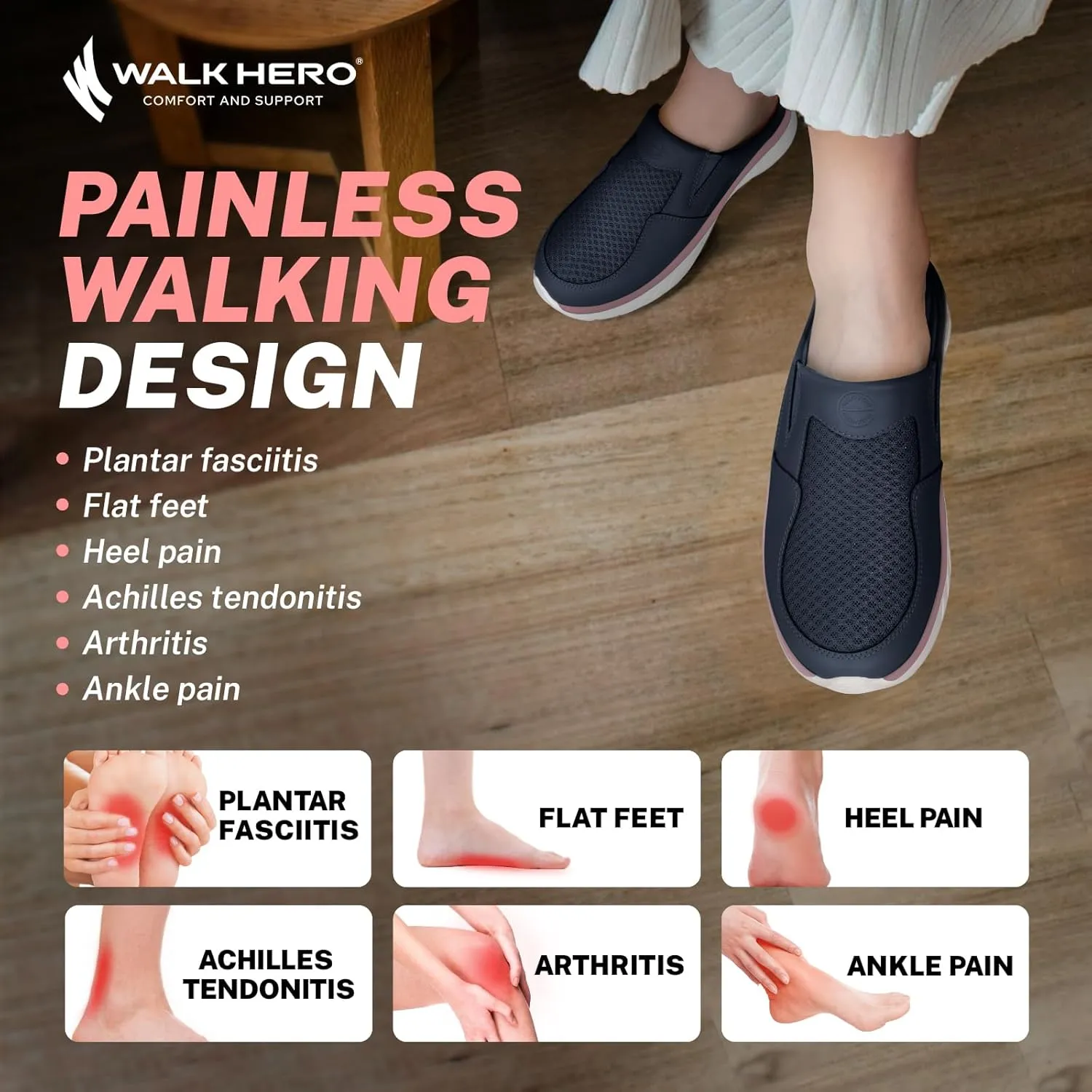 Mules for Woman Sneakers with Arch Support, Slip On Womens Walking Shoes for Plantar Fasciitis, Open Back Orthopedic Clogs for Women