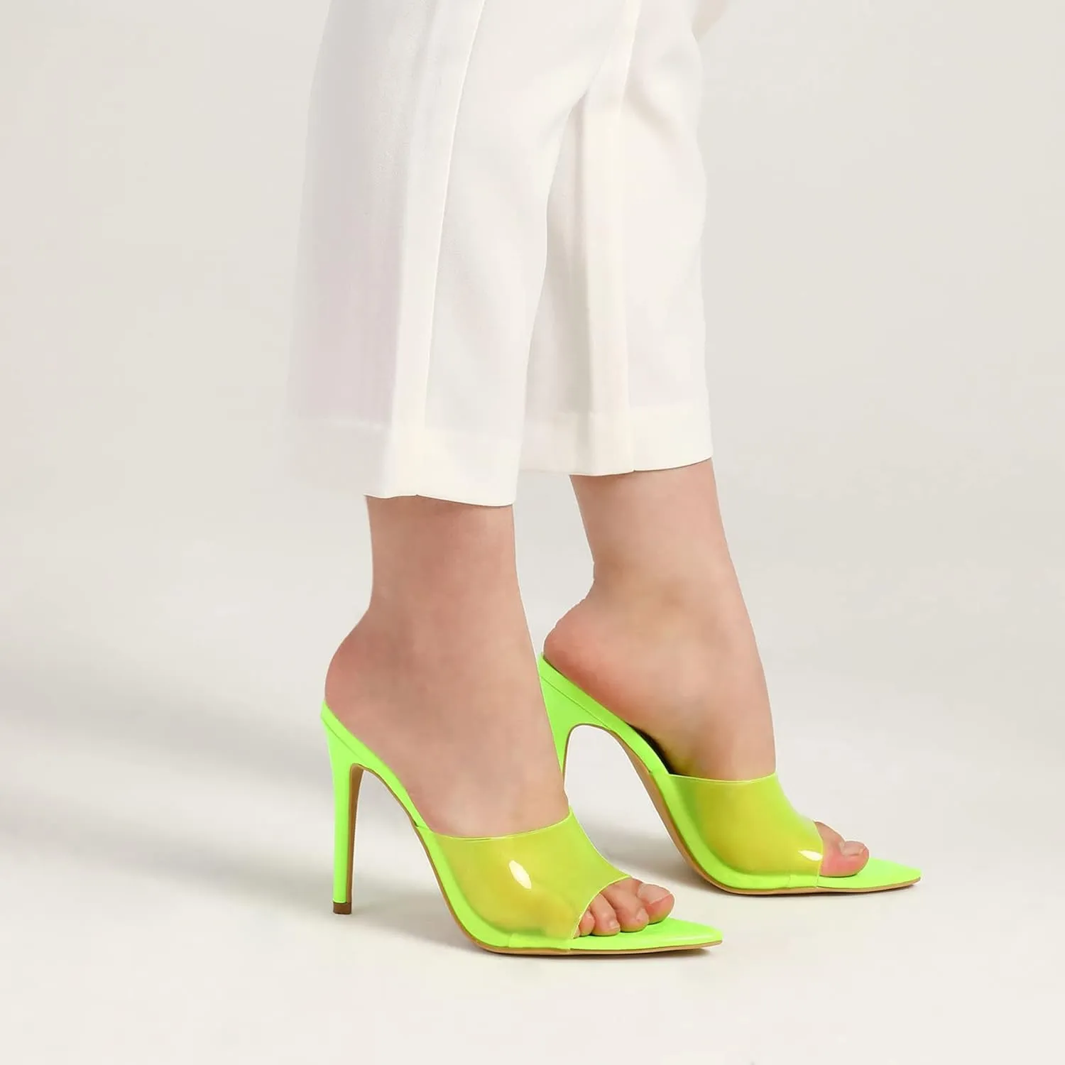 mysoft Women's Pointed Toe Clear Stilettos Transparent Strap Slip On High Heeled Mules