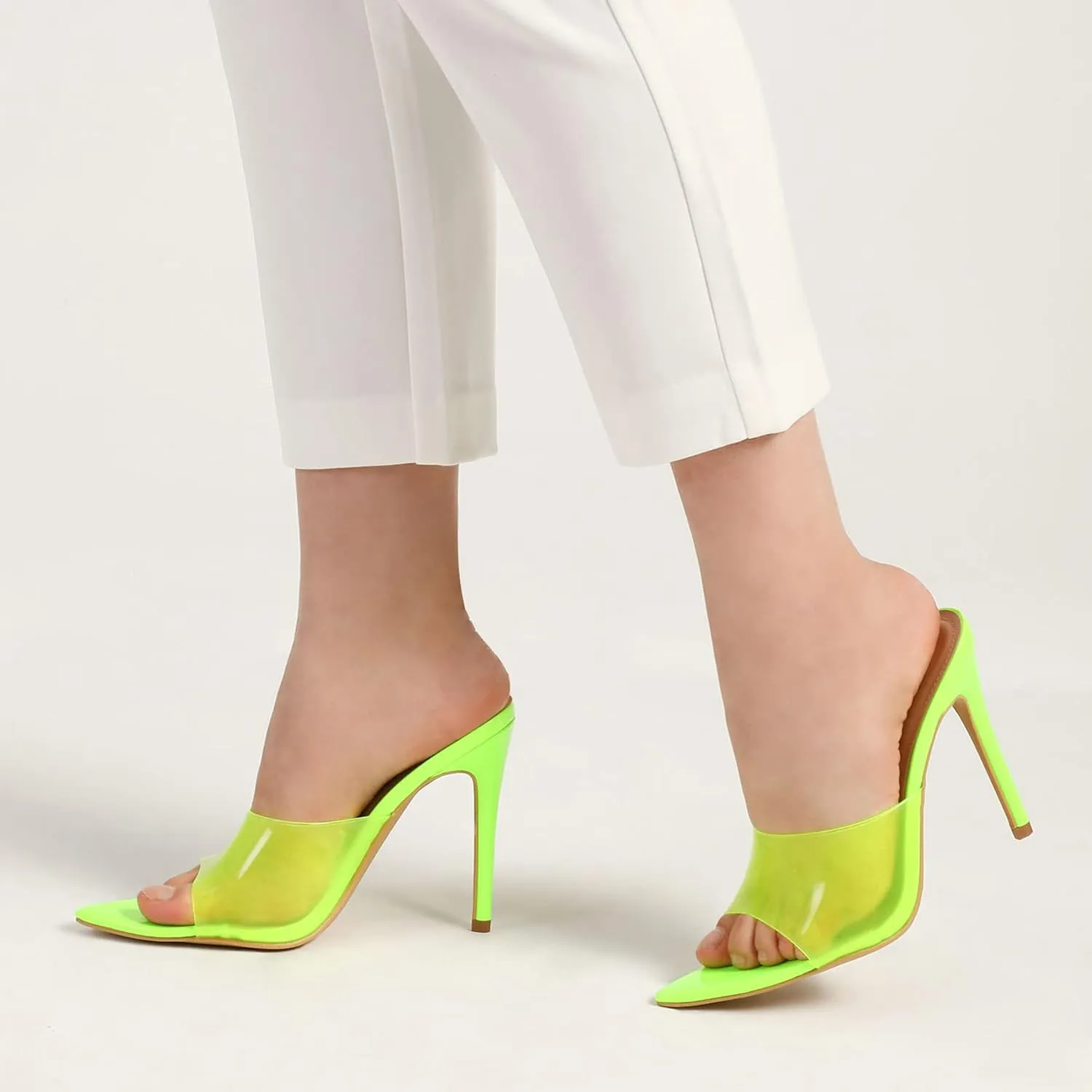 mysoft Women's Pointed Toe Clear Stilettos Transparent Strap Slip On High Heeled Mules