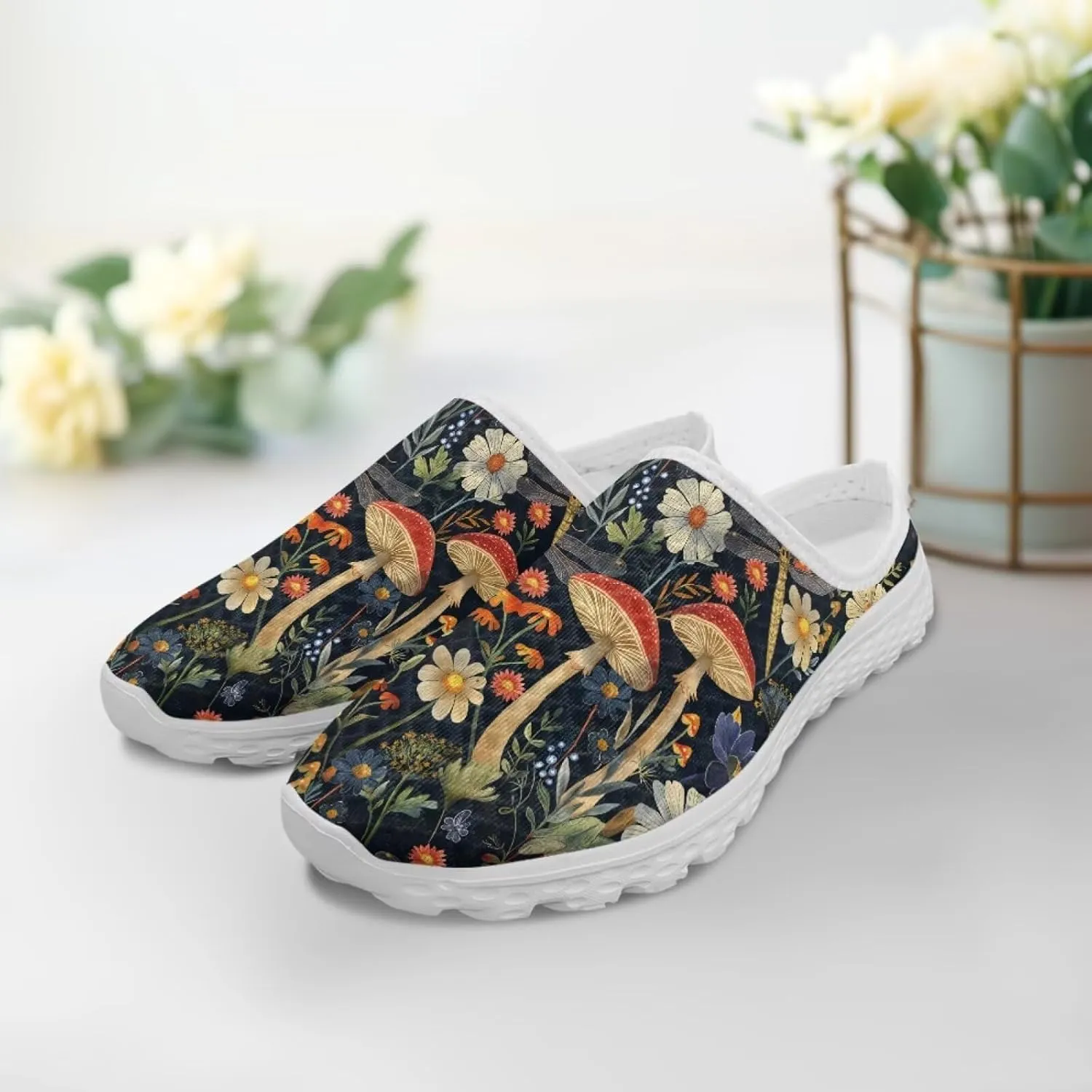 Novelty Mushrooms Women's Slip On Mule Sneakers Anti-Slip Walking Shoes with Elastic Thick Sole for Outdoor Indoor
