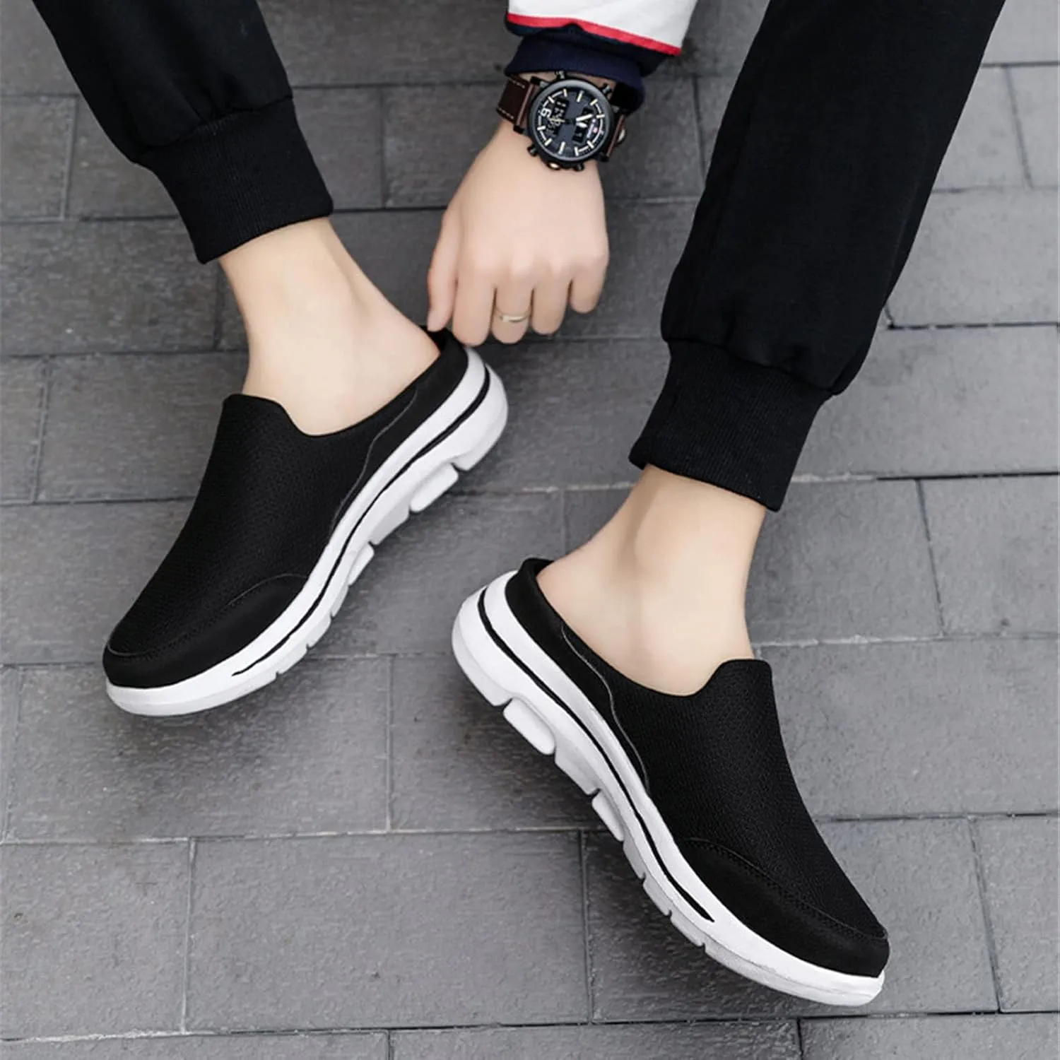 ORNVEION Men'S Mesh Knit Slip-On Platform Mules with Arch Support,Fashion Backless Soft Lightweight Half Sports Shoes Breathable Non-Slip Walking Slippers