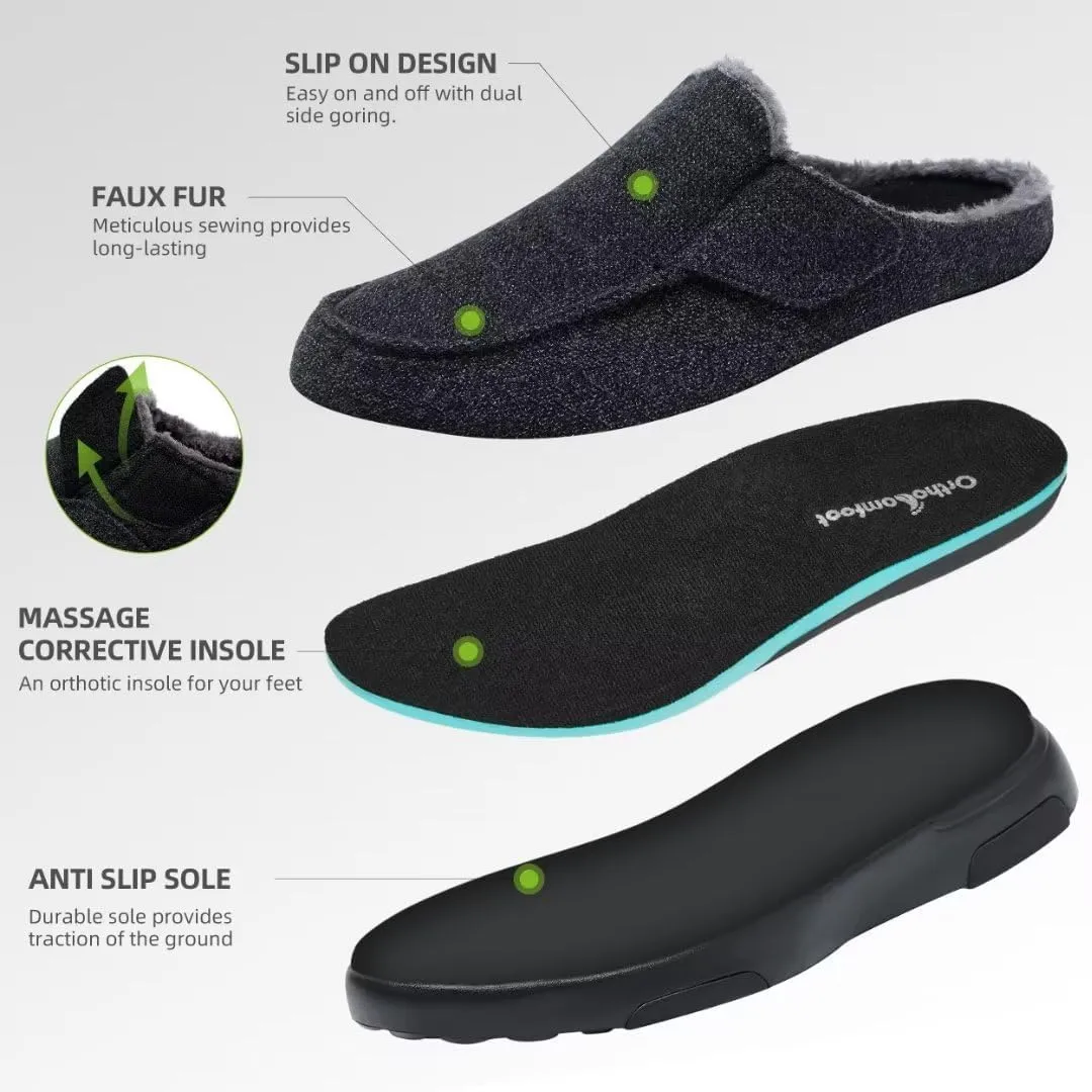 OrthoComfoot Men's Orthopedic Slippers Walking Shoes with Arch Support: Slip On Loafers for Plantar Fasciitis, Casual Flat Feet Hook and Loop Mule Clogs for Foot and Heel Pain Relief