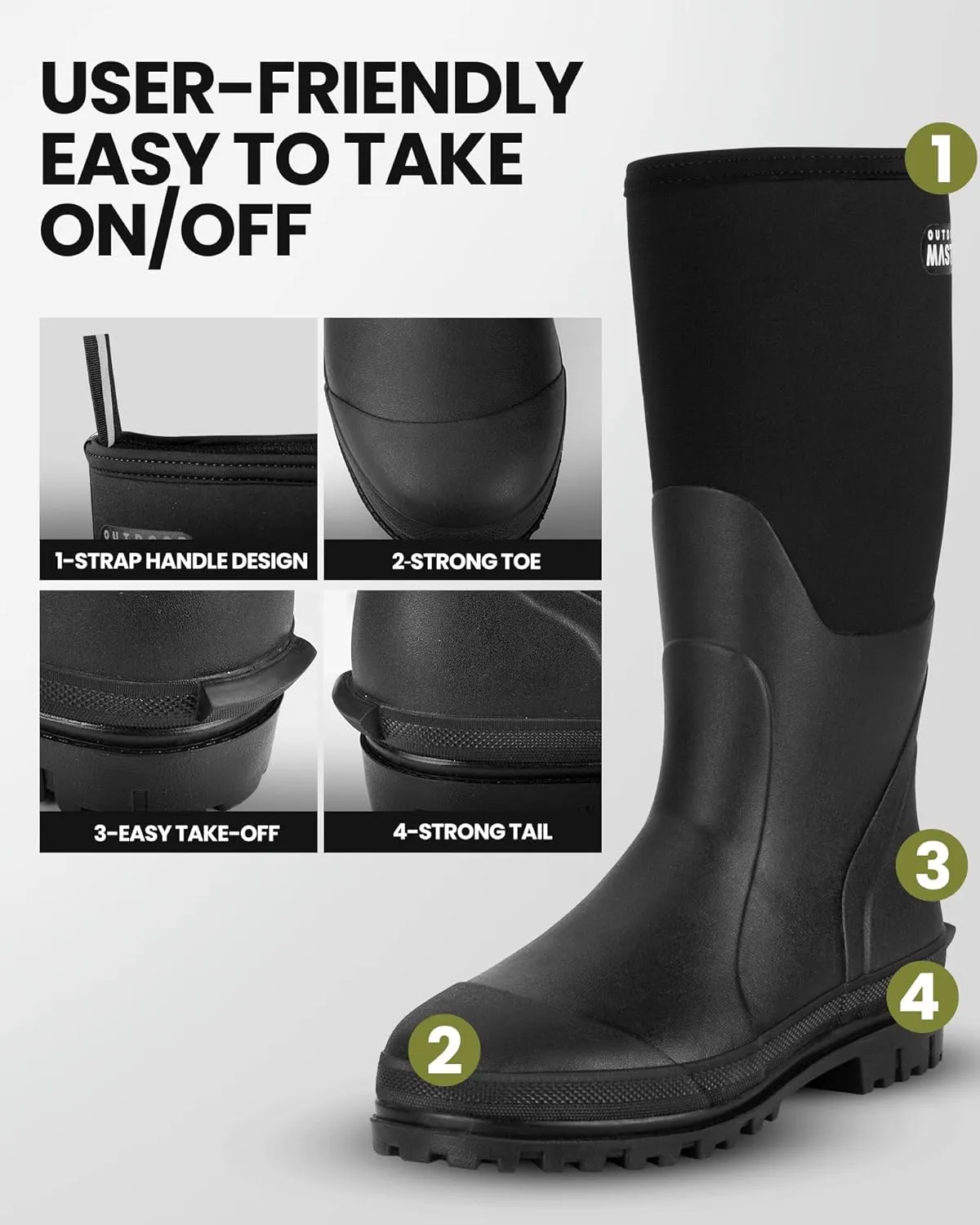 OutdoorMaster Hunting Boots for Men, Waterproof Rubber Neoprene Boots, Anti-slipped Insulated Outdoor Boots