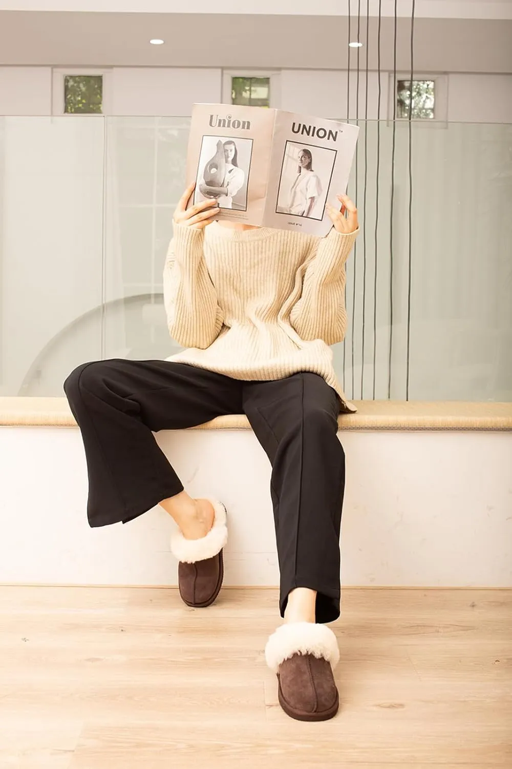 Parfeying Women's Sheepskin House Slippers Indoor Outdoor Shearling Shoes for Women