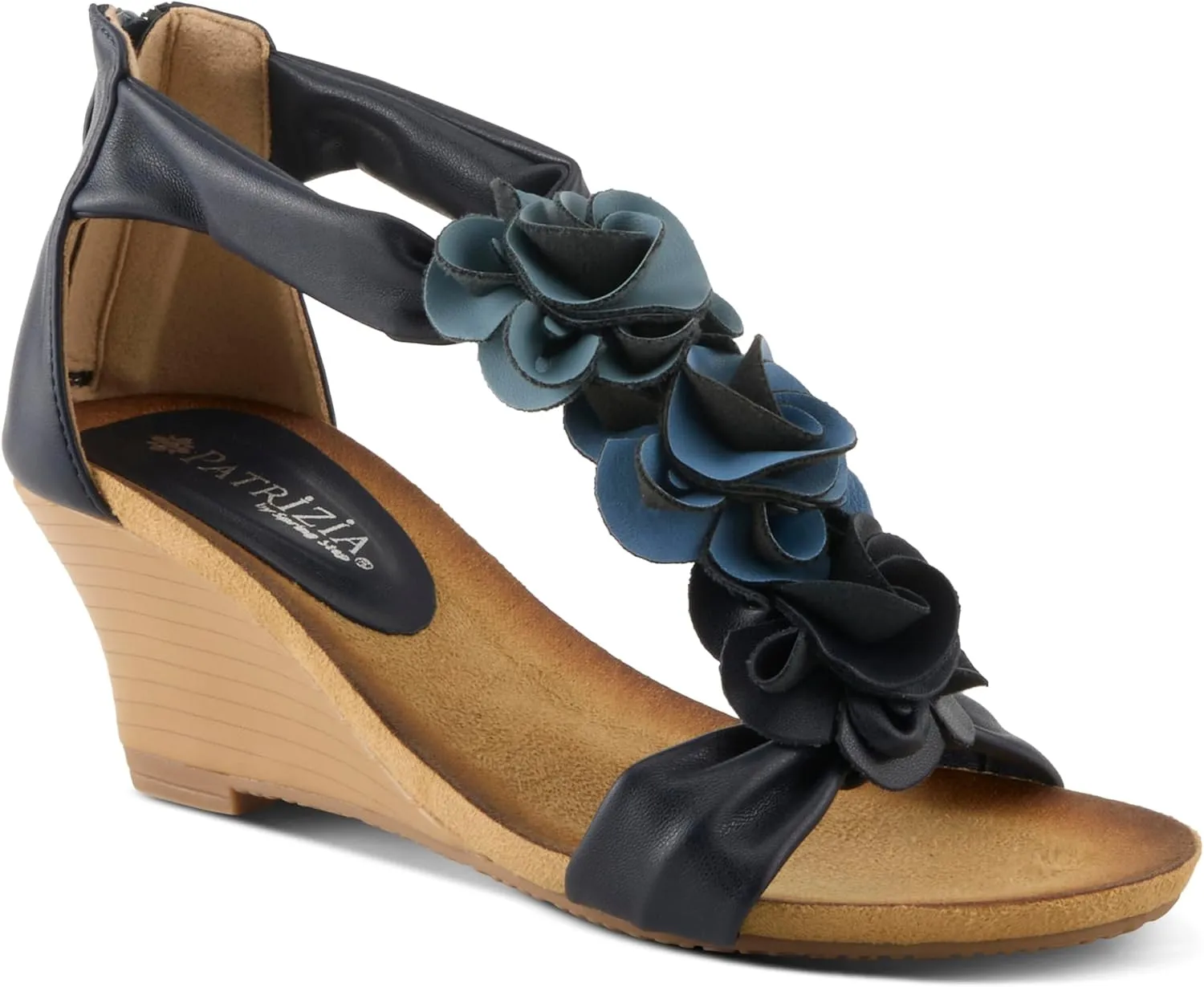 PATRIZIA Women's HARLEQUIN Ankle Strap T-Strap Wedge Sandals - Floral Design, Cushioned Insole, Back Zipper