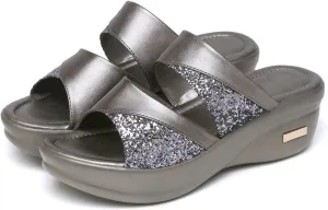 pearlzone Women's Summer Rhinestones Slip on Fish Mouth Wedges Beach Open Toe Slippers,Fashion Sexy Sequined Sandals