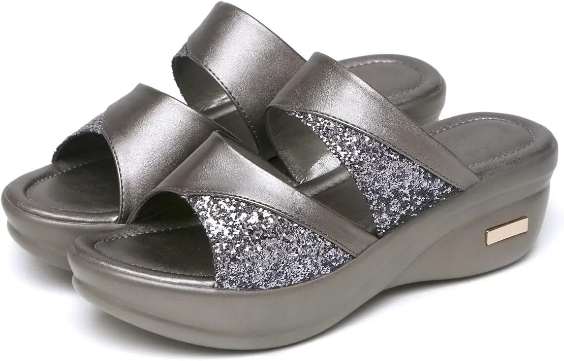 pearlzone Women's Summer Rhinestones Slip on Fish Mouth Wedges Beach Open Toe Slippers,Fashion Sexy Sequined Sandals