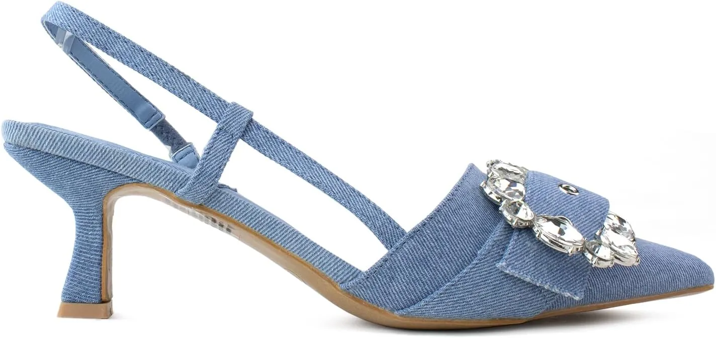RF ROOM OF FASHION Women's Pointed Toe Slingback Mule Kitten Heel Pumps, Buckle Crystal Jeweled Design, Mary Jane Style