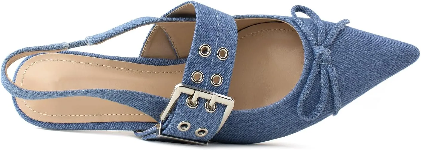 RF ROOM OF FASHION Women's Pointed Toe Slingback Mule Kitten Heel Pumps, Buckle Crystal Jeweled Design, Mary Jane Style