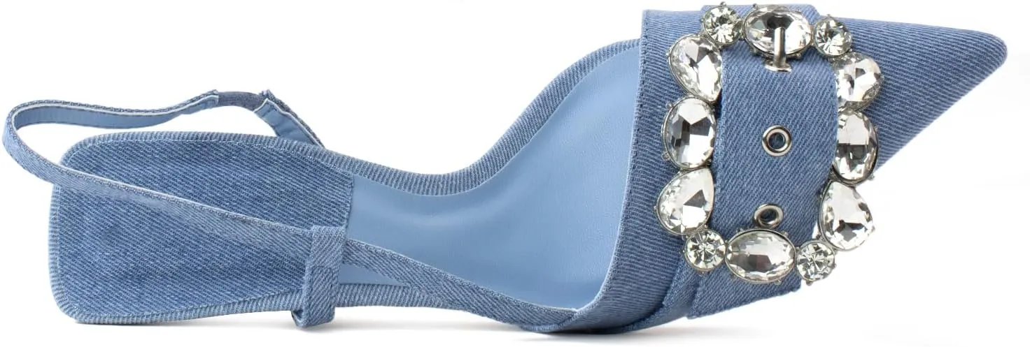 RF ROOM OF FASHION Women's Pointed Toe Slingback Mule Kitten Heel Pumps, Buckle Crystal Jeweled Design, Mary Jane Style