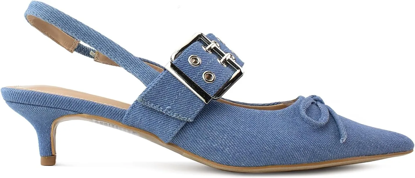 RF ROOM OF FASHION Women's Pointed Toe Slingback Mule Kitten Heel Pumps, Buckle Crystal Jeweled Design, Mary Jane Style