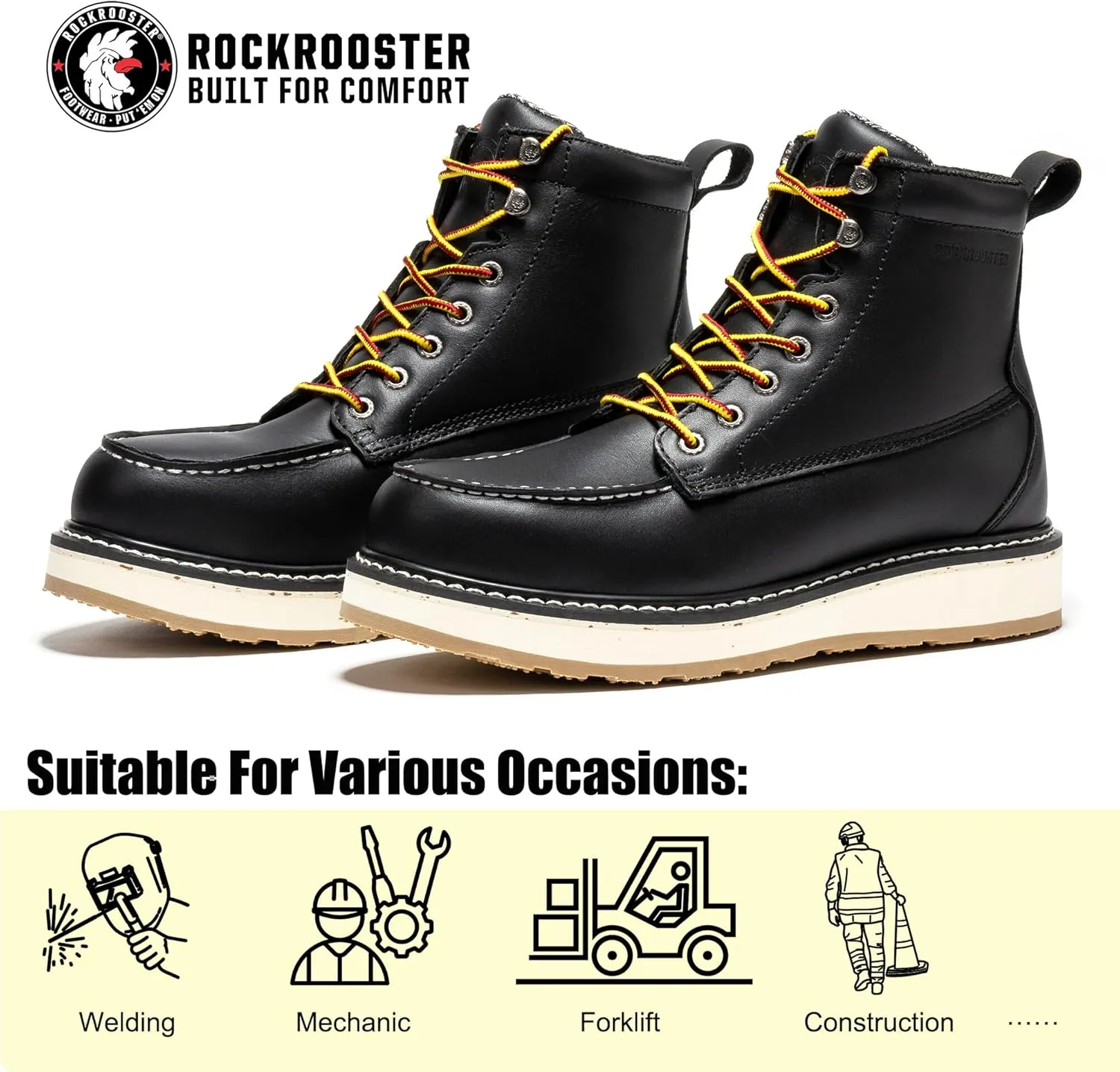 ROCKROOSTER Trinidad 6" Black Steel Toe Wedge Work Boots for Men, Durable Leather Welted Moc Toe Heritage Men's Safety Boots SAP2301 VAP2301