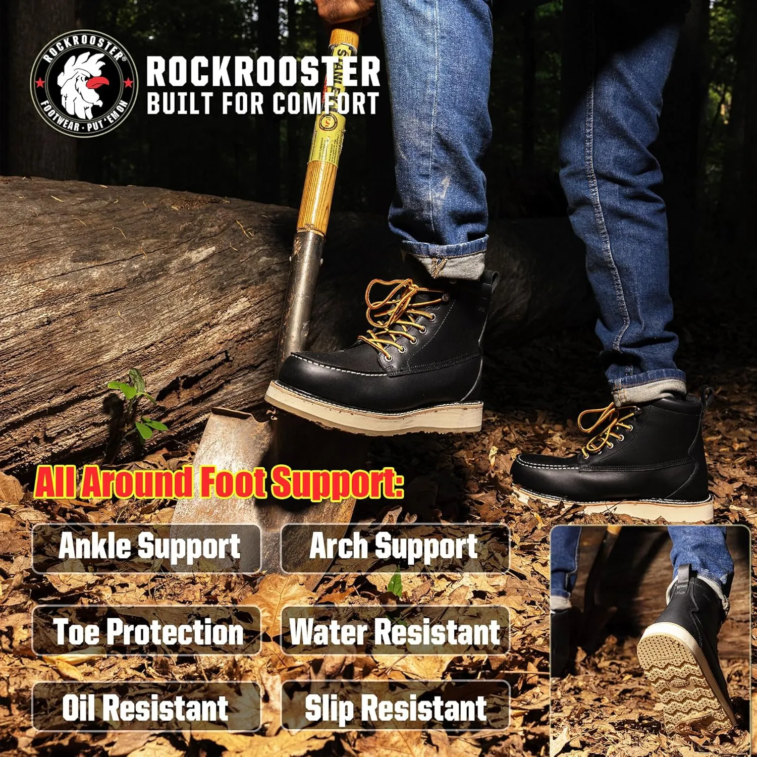ROCKROOSTER Trinidad 6" Black Steel Toe Wedge Work Boots for Men, Durable Leather Welted Moc Toe Heritage Men's Safety Boots SAP2301 VAP2301