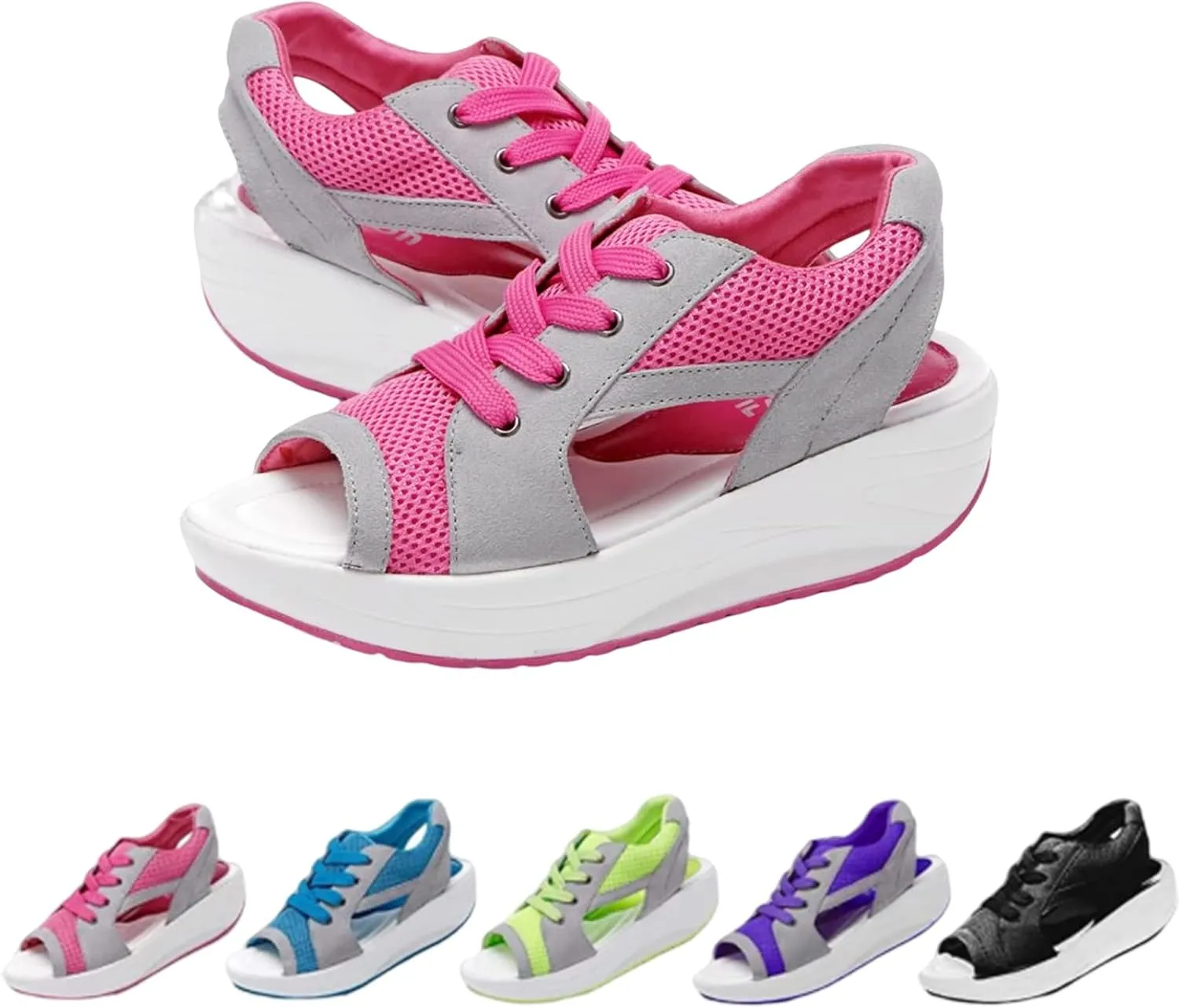 RZDYSQ Contrast Paneled Cutout Lace-up Muffin Sandals, Women's Summer Sports Leisure Mesh Peep Toe Wedges Sandals