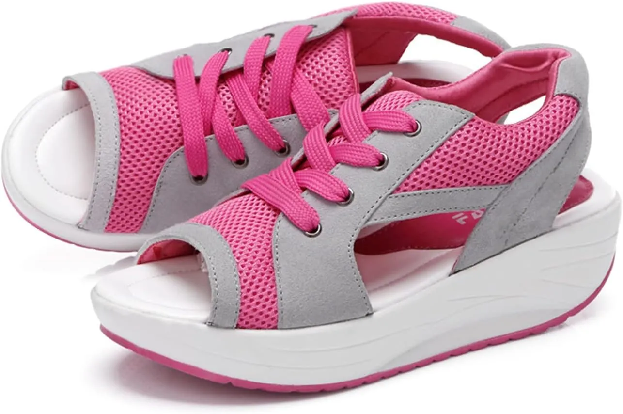 RZDYSQ Contrast Paneled Cutout Lace-up Muffin Sandals, Women's Summer Sports Leisure Mesh Peep Toe Wedges Sandals