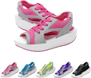 RZDYSQ Contrast Paneled Cutout Lace-up Muffin Sandals, Women's Summer Sports Leisure Mesh Peep Toe Wedges Sandals
