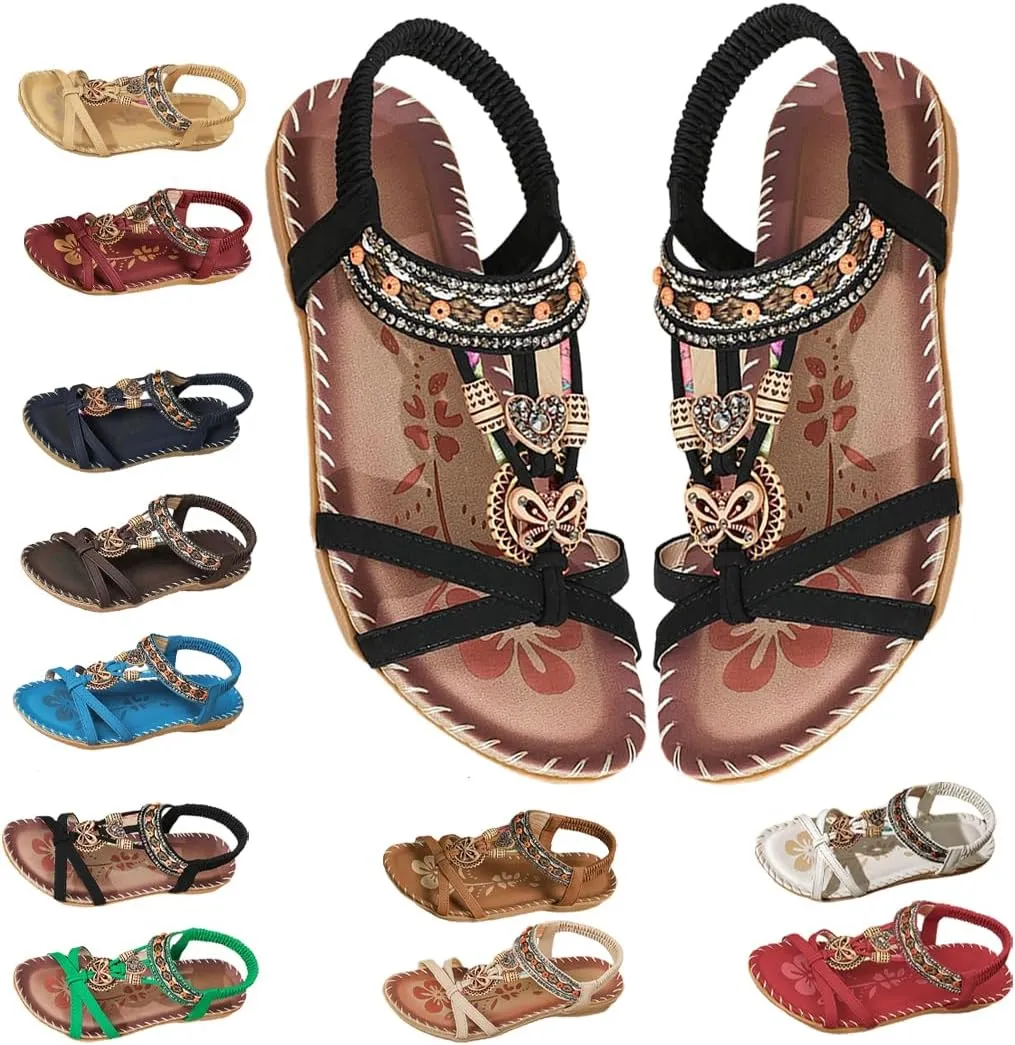 Sandals for Women Flats Shoes with Cushion Footbed Comfortable Casual Flats Sandals Summer Bohemia Flip Flops