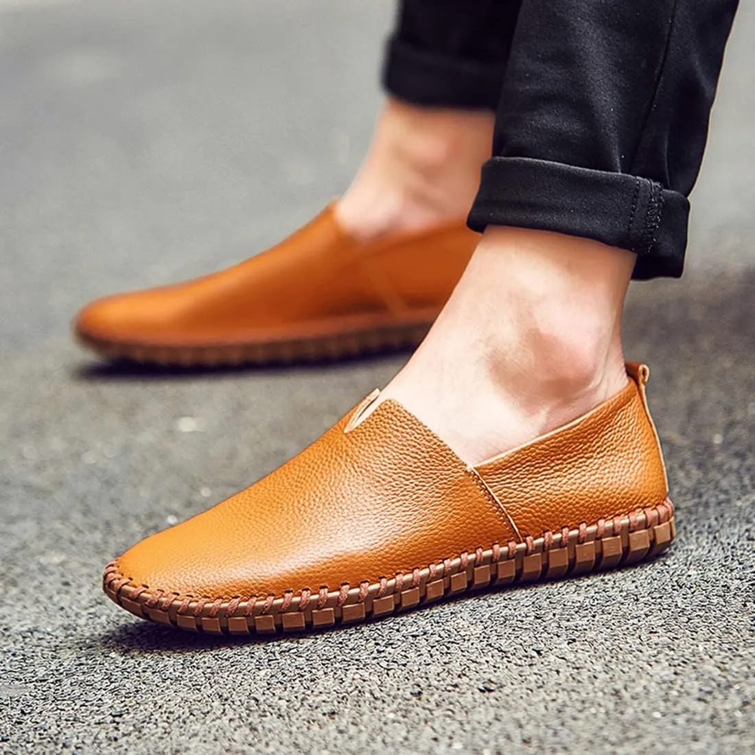 Santimon Men's Leather Espadrille Slip-On Plain Toe Casual Dress Loafer Shoes