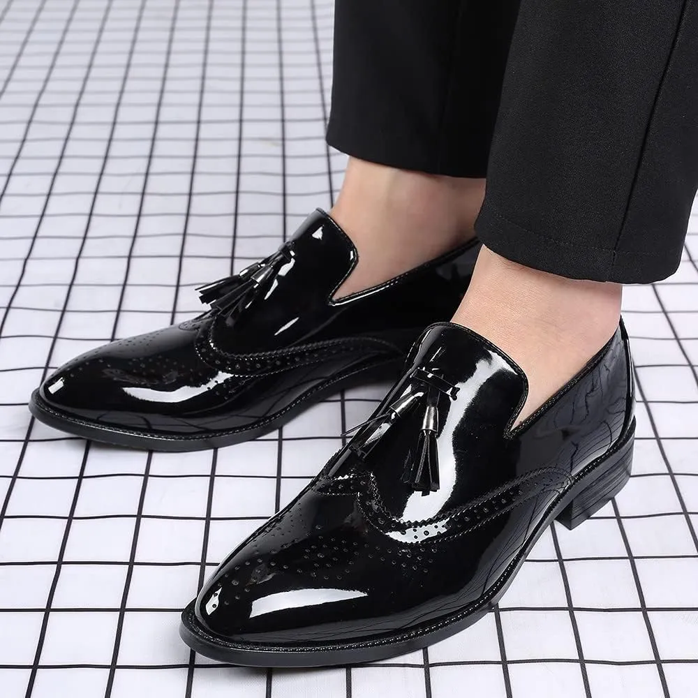 Santimon Men's Wingtip Tassel Slip On Loafers Brogue Patent Leather Lined Dress Casual Breathable Formal Shoes