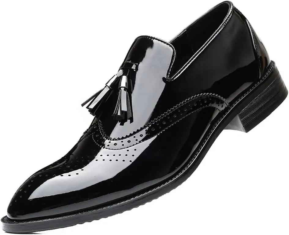Santimon Men's Wingtip Tassel Slip On Loafers Brogue Patent Leather Lined Dress Casual Breathable Formal Shoes