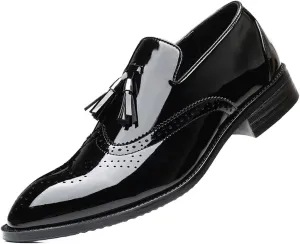 Santimon Men's Wingtip Tassel Slip On Loafers Brogue Patent Leather Lined Dress Casual Breathable Formal Shoes