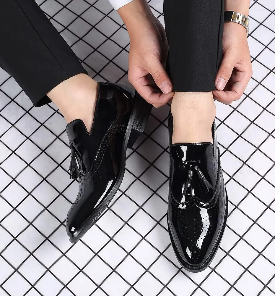 Santimon Men's Wingtip Tassel Slip On Loafers Brogue Patent Leather Lined Dress Casual Breathable Formal Shoes