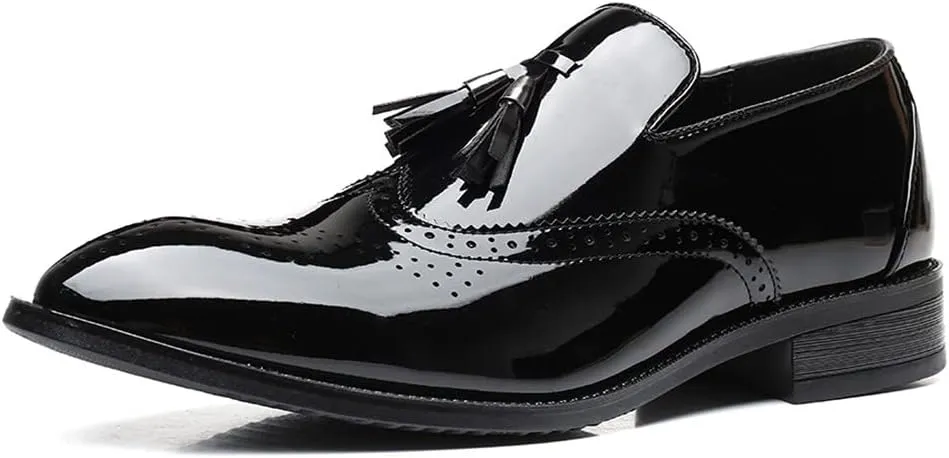 Santimon Men's Wingtip Tassel Slip On Loafers Brogue Patent Leather Lined Dress Casual Breathable Formal Shoes