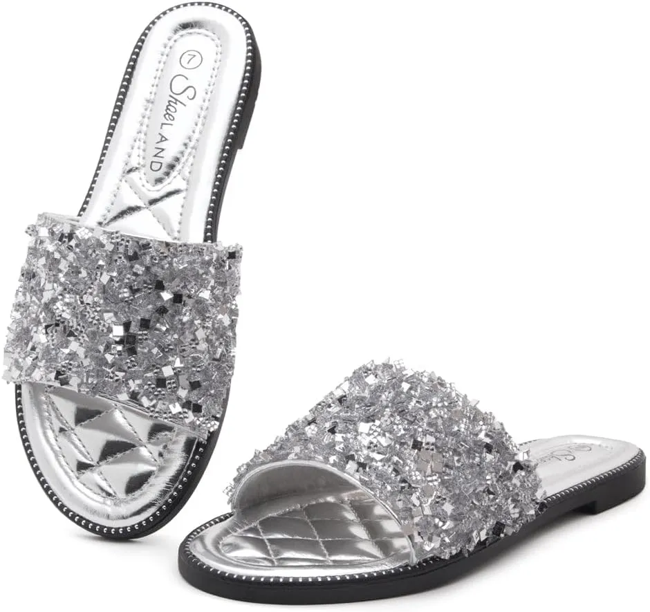 Shoe Land Joli Women's Flat Sandals, Fashion Sparkly Slides, Open Toe Rhinestone Slippers, Glitter Bling Casual Sandals with Cushioned Footbed for Summer, Daily Wear, and Party