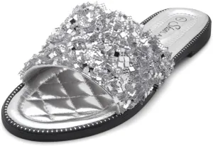 Shoe Land Joli Women's Flat Sandals, Fashion Sparkly Slides, Open Toe Rhinestone Slippers, Glitter Bling Casual Sandals with Cushioned Footbed for Summer, Daily Wear, and Party